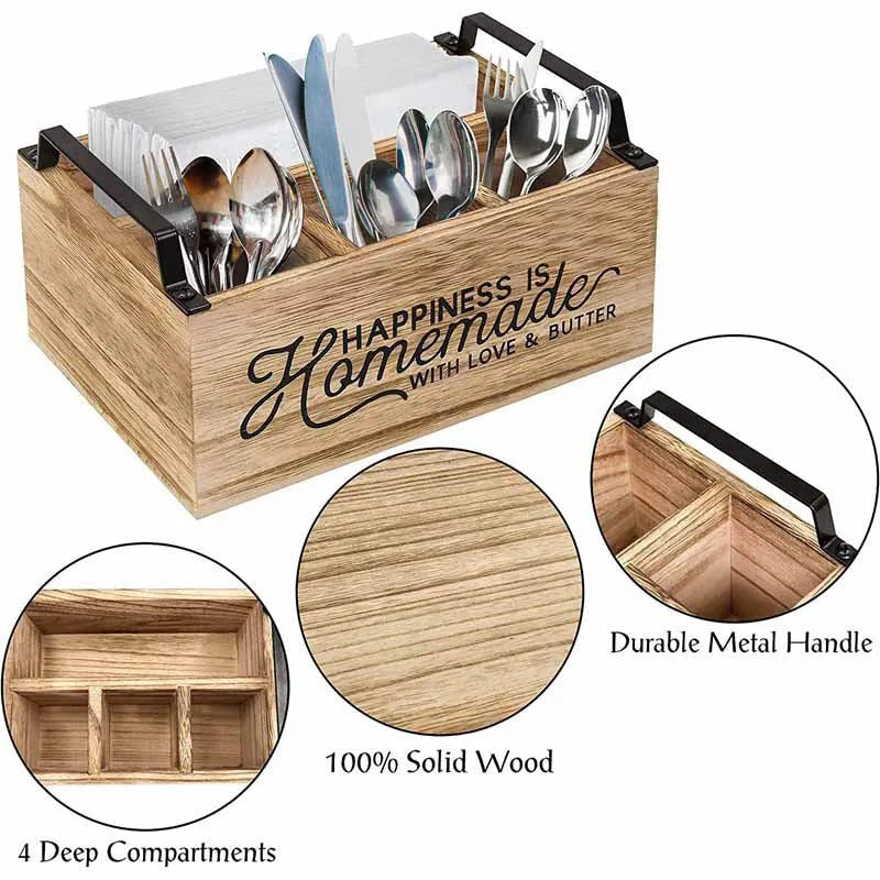 Wooden kitchen storage box with grid dividers for tableware organisation