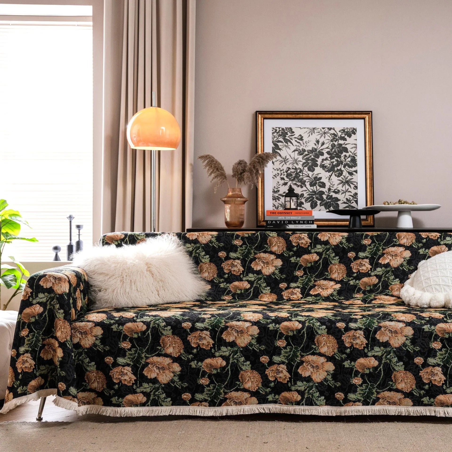 American country style jacquard sofa cover in a thick fabric, shown on a sofa.