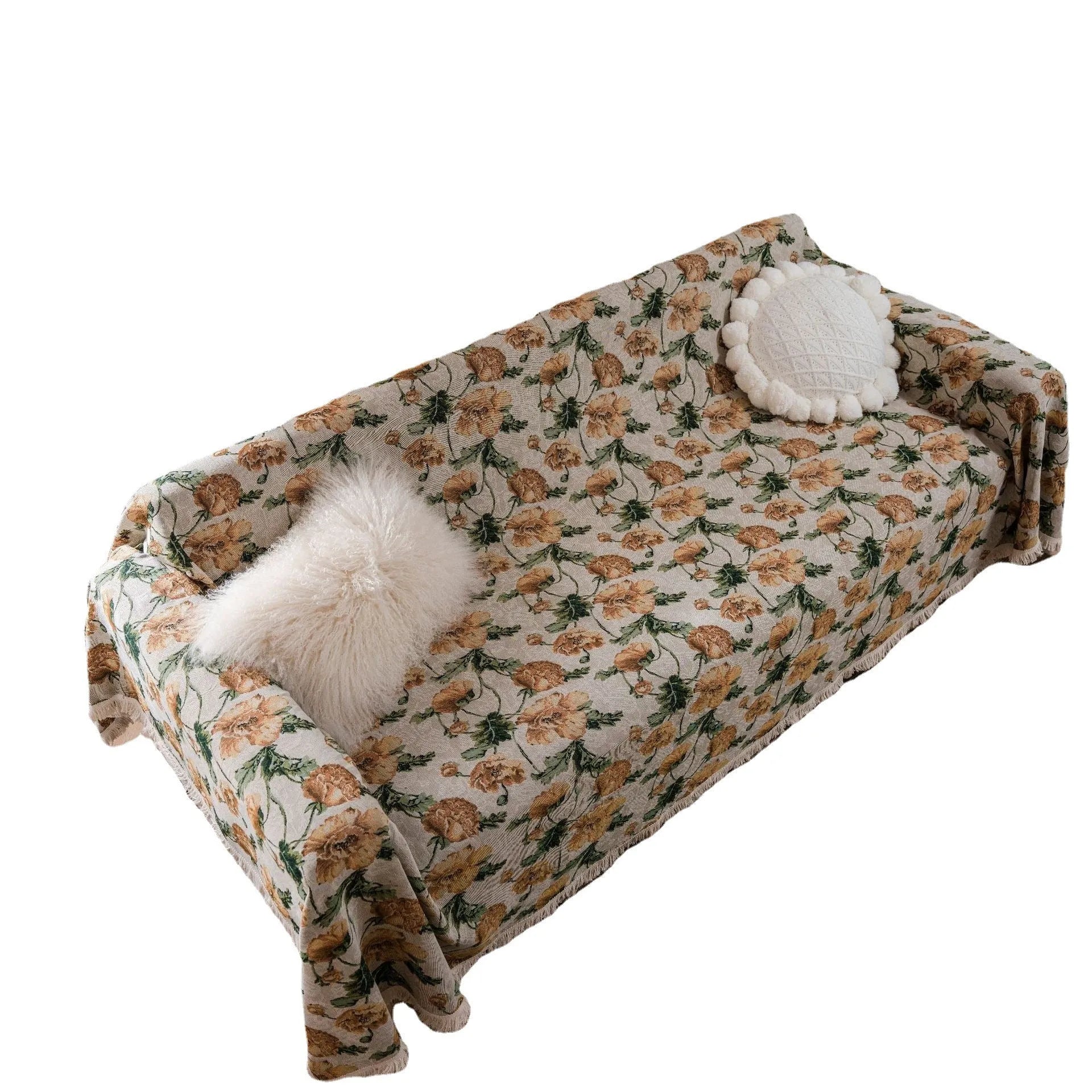 American country style jacquard sofa cover in a thick fabric, shown on a sofa.