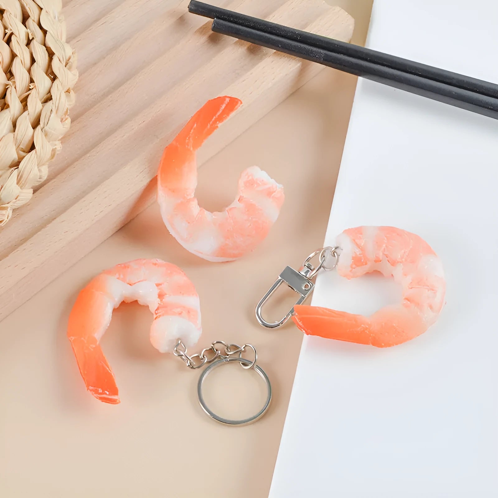 Simulation seafood shrimp keychain made of PVC with 1.5cm thickness functioning as a bag pendant