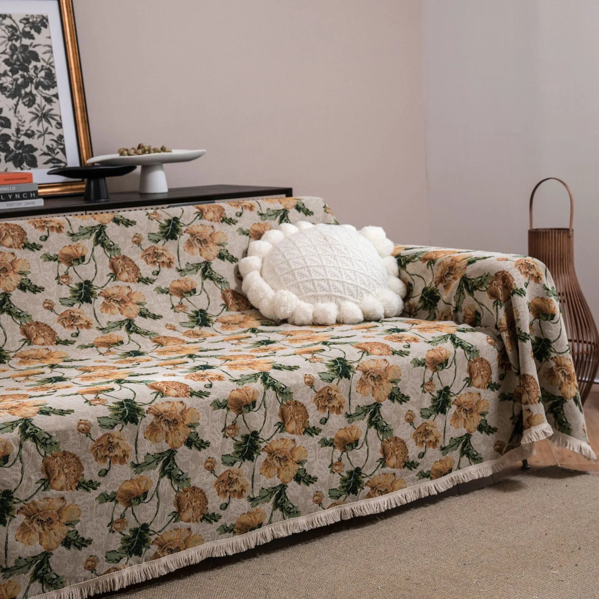 American country style jacquard sofa cover in a thick fabric, shown on a sofa.