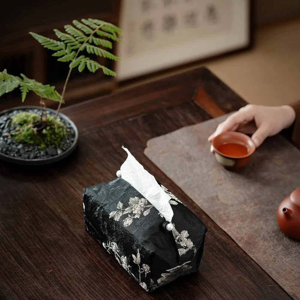 New Chinese style brocade tissue box cover with embroidered white plum design