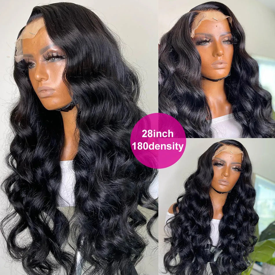Black synthetic front lace wig with long curly hair and side bangs, shown on a model.
