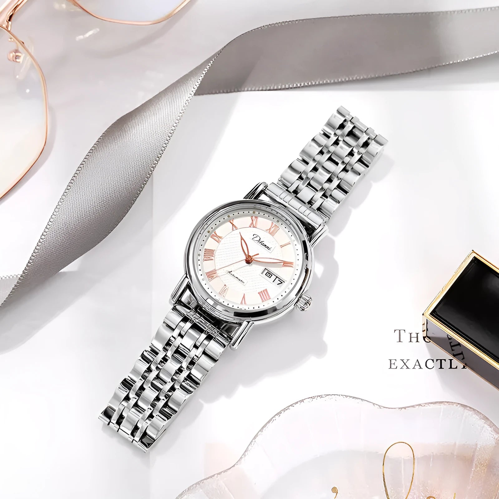 Women's automatic mechanical watch with stainless steel bracelet and white dial face