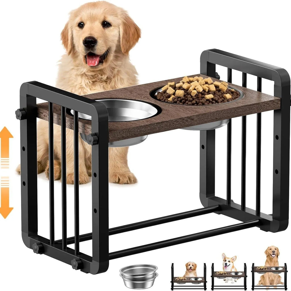 Black wooden dog bowl stand measuring 37x23cm for raised pet feeding