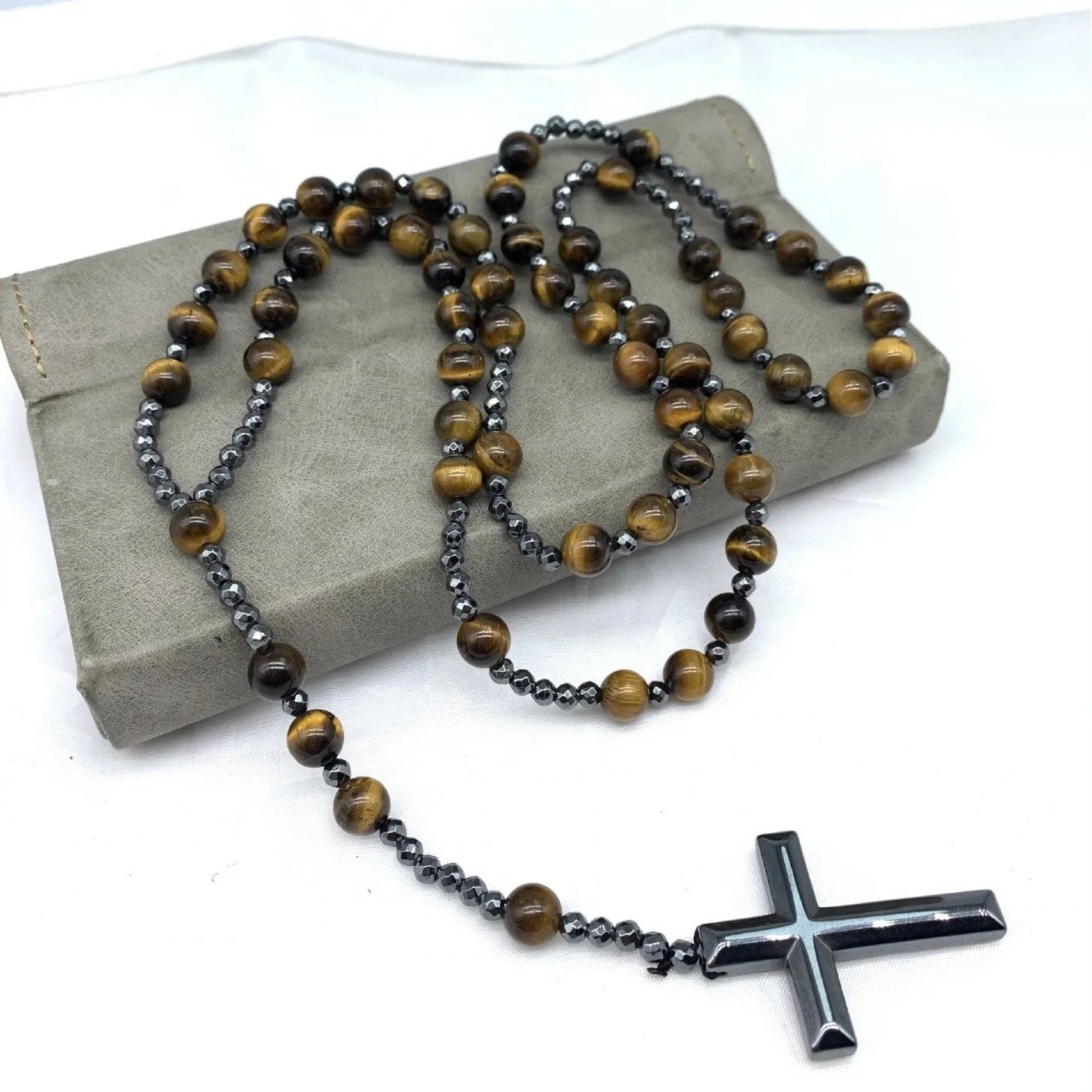 Stone geometric cross pendant on 80cm ball bead chain with safety lock clasp