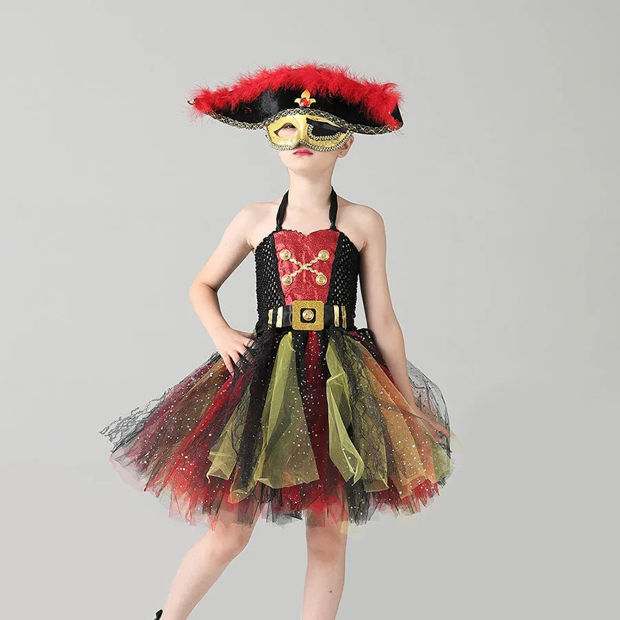 Girl's sleeveless Pirates of the Caribbean Halloween costume dress with sequins and mesh detail.