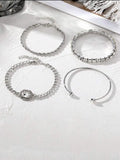 Retro geometric alloy bracelet set with metal chain square diamond design in gold or silver four-piece women's jewellery