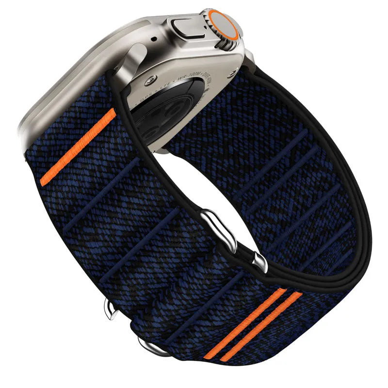 Elastic nylon watchband with stainless steel buckle for Apple Watch in multiple colour options.