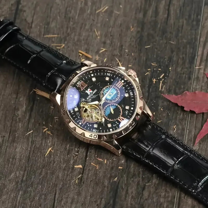 Men's black and rose gold automatic mechanical watch with transparent case back and genuine leather strap