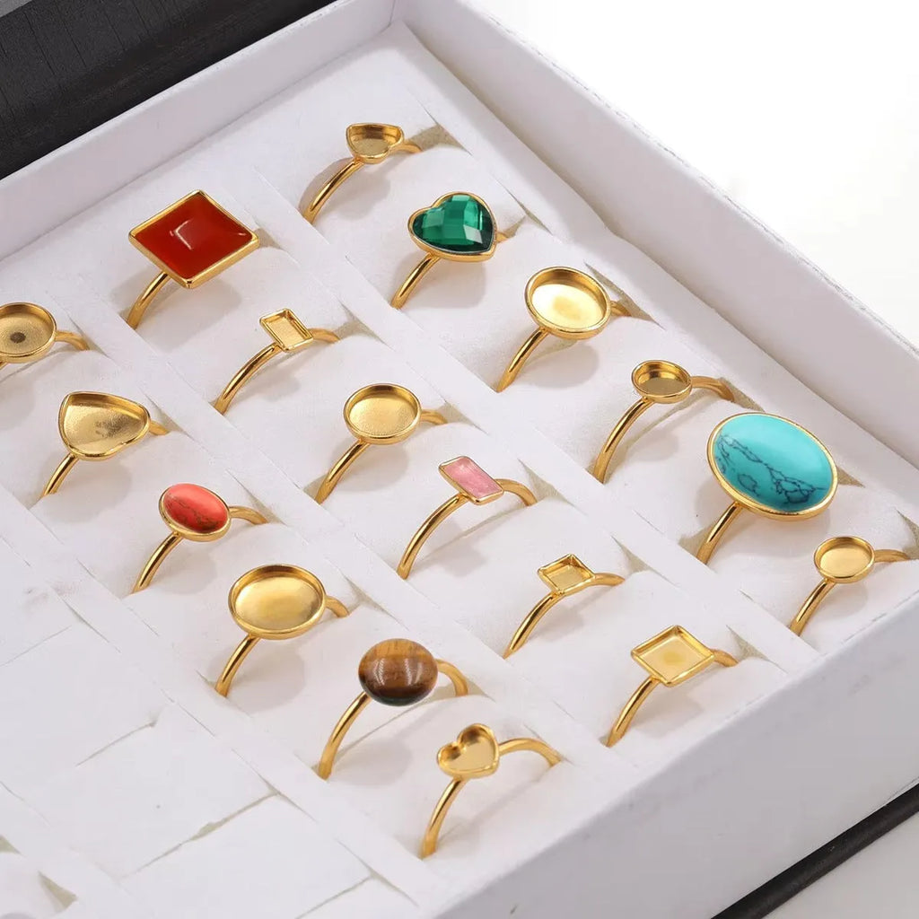 Golden electroplated stainless steel ring setting with totem pattern in various oval, rectangle, round and heart shapes