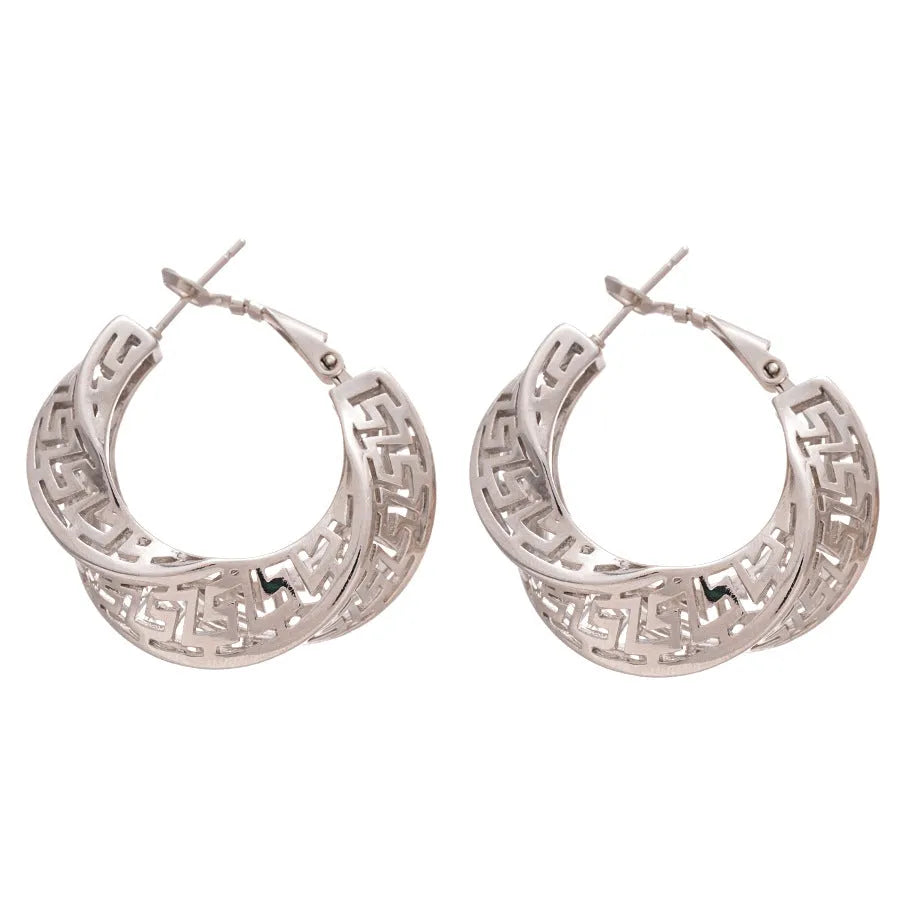 Geometric hollow stud earrings with twisted round design in silver needle-gold or silver needle-silver finish