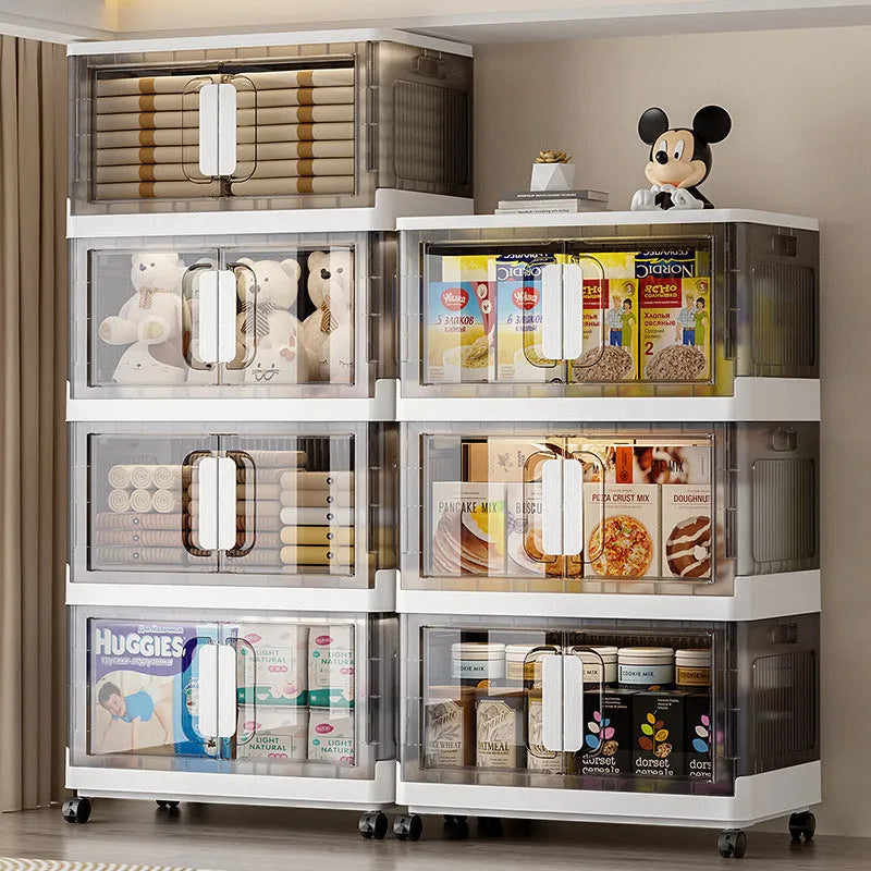 Foldable household storage locker with wheels in white or grey, showing shelf layers and door.