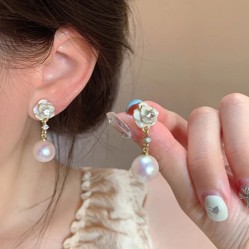 Camellia flower stud earrings for women with alloy construction and floral design