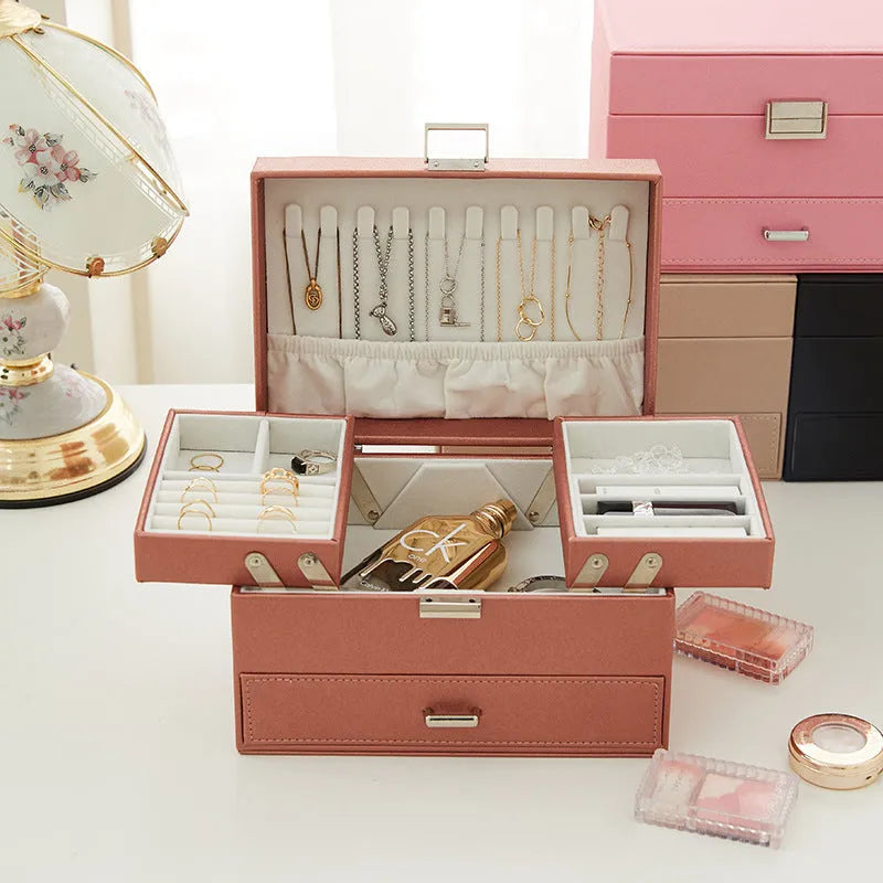 PU leather jewellery storage box in black, pink, rose gold or beige measuring 22.5×15.5×14cm