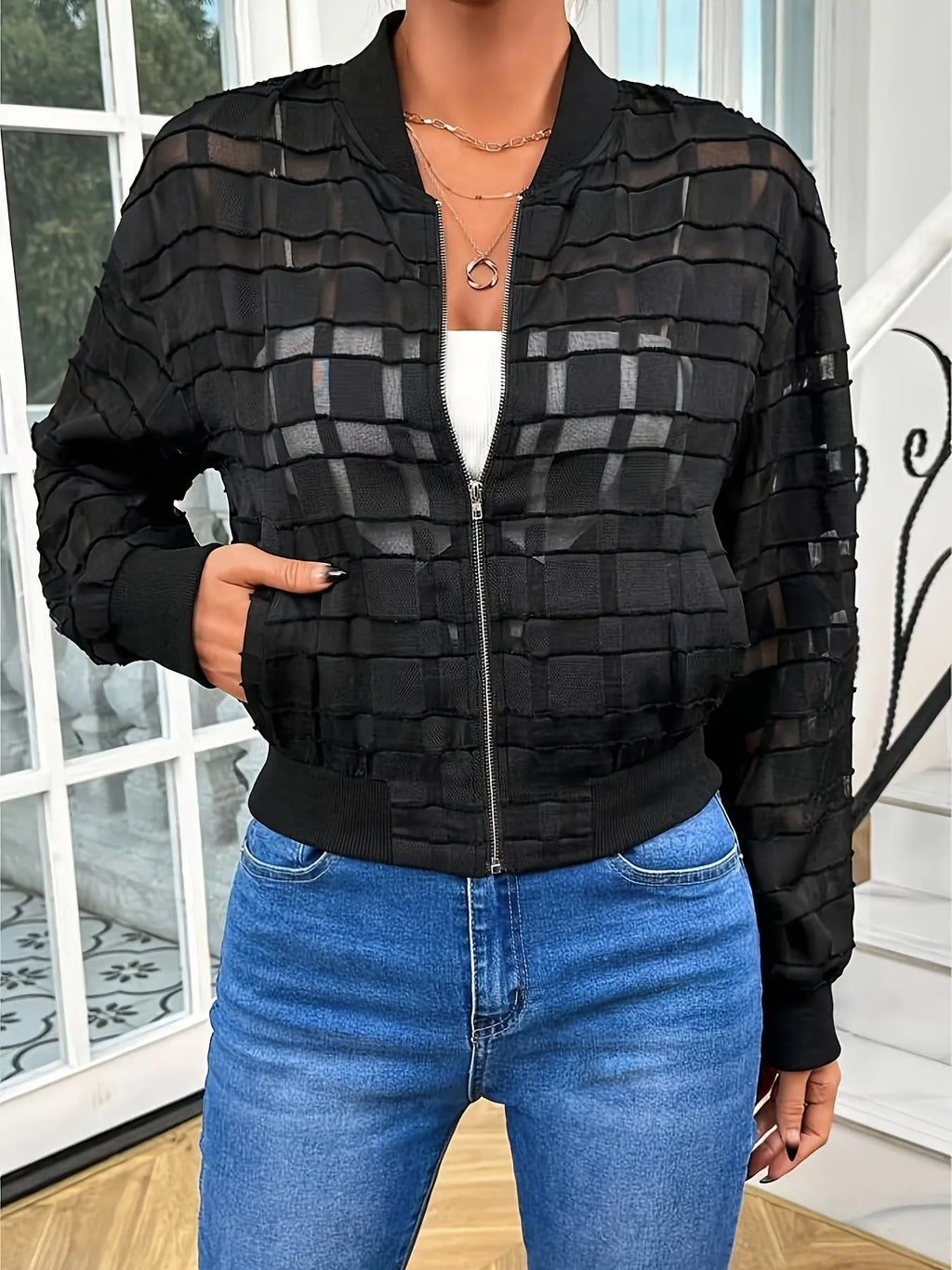 Women's black semi-transparent jacket with geometric pattern, long sleeves, casual style