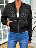 Women's black semi-transparent jacket with geometric pattern, long sleeves, casual style