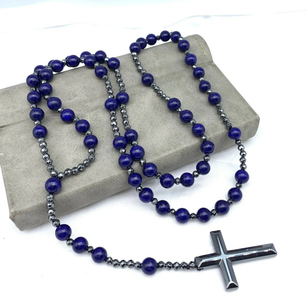 Stone geometric cross pendant on 80cm ball bead chain with safety lock clasp