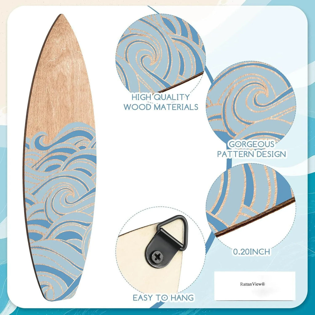 Three identical wooden surfboard wall decorations with natural wood finish