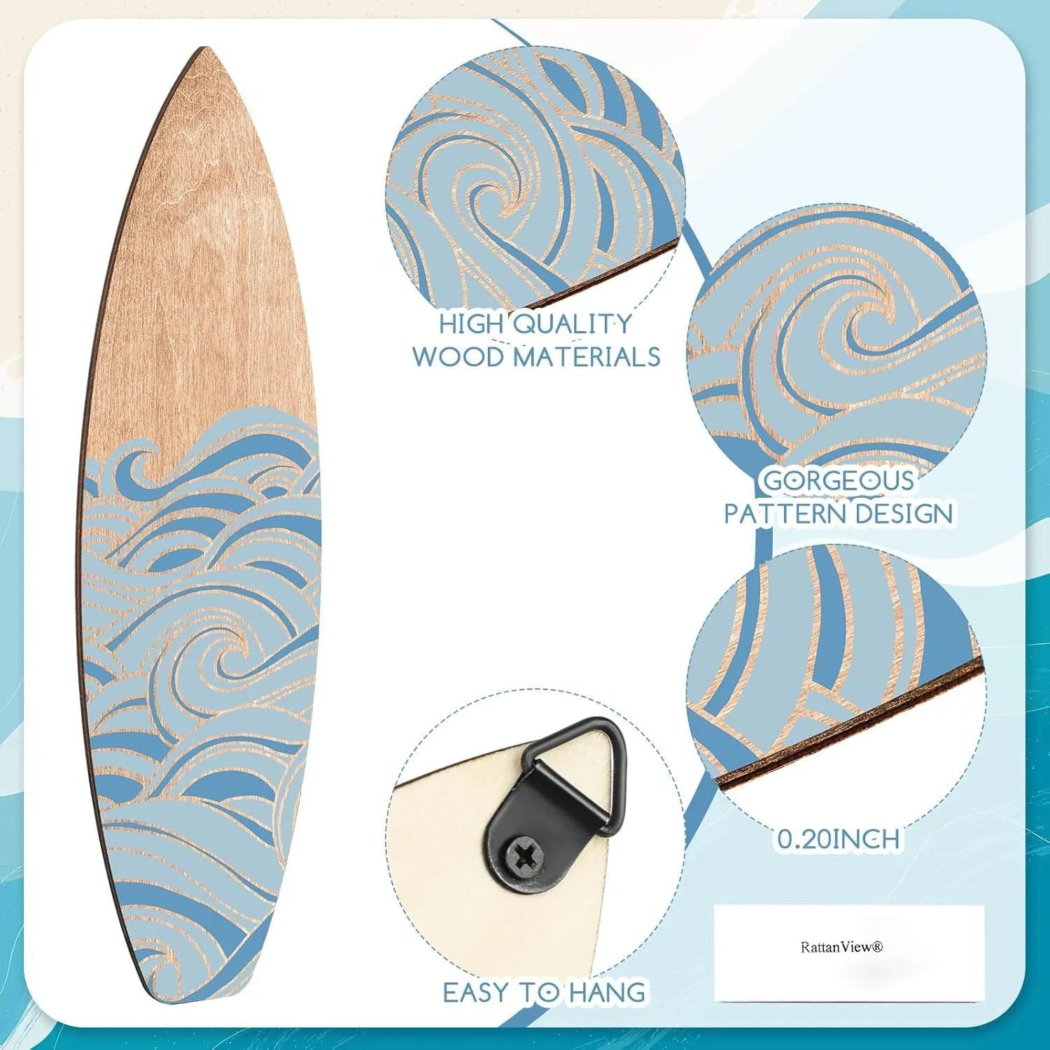 Three identical wooden surfboard wall decorations with natural wood finish