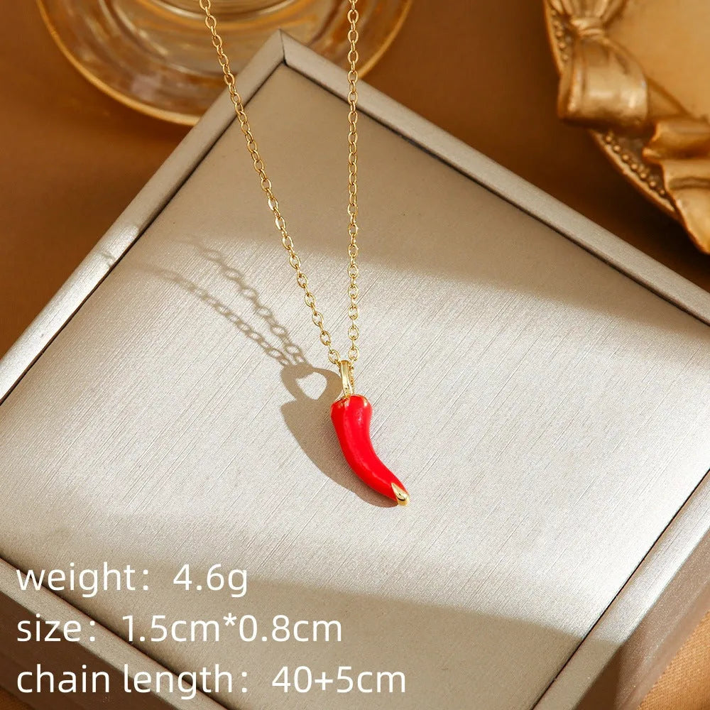 Titanium steel necklace with delicate cherry, strawberry, and pepper charms on O-ring chain