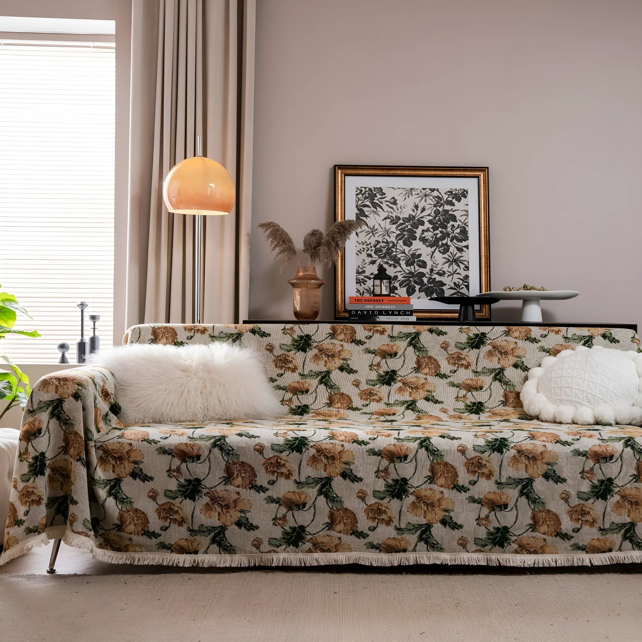 American country style jacquard sofa cover in a thick fabric, shown on a sofa.