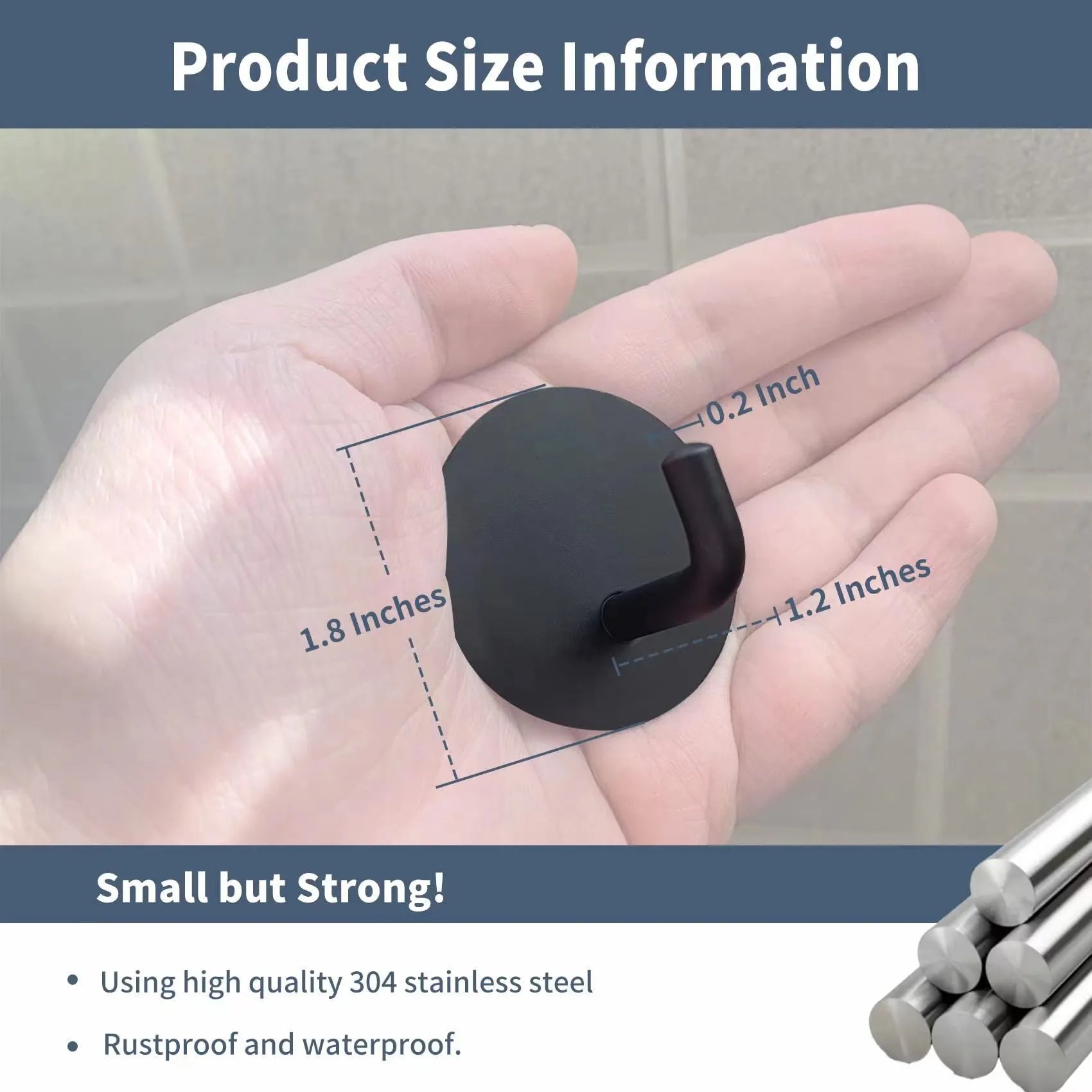 Round stainless steel self-adhesive hook in black and polished finishes for wall mounting.