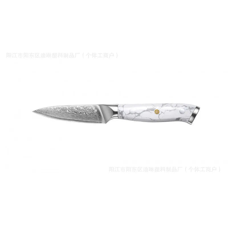 Damascus pattern chef's knife with a 21cm VG10 steel blade on a dark background.