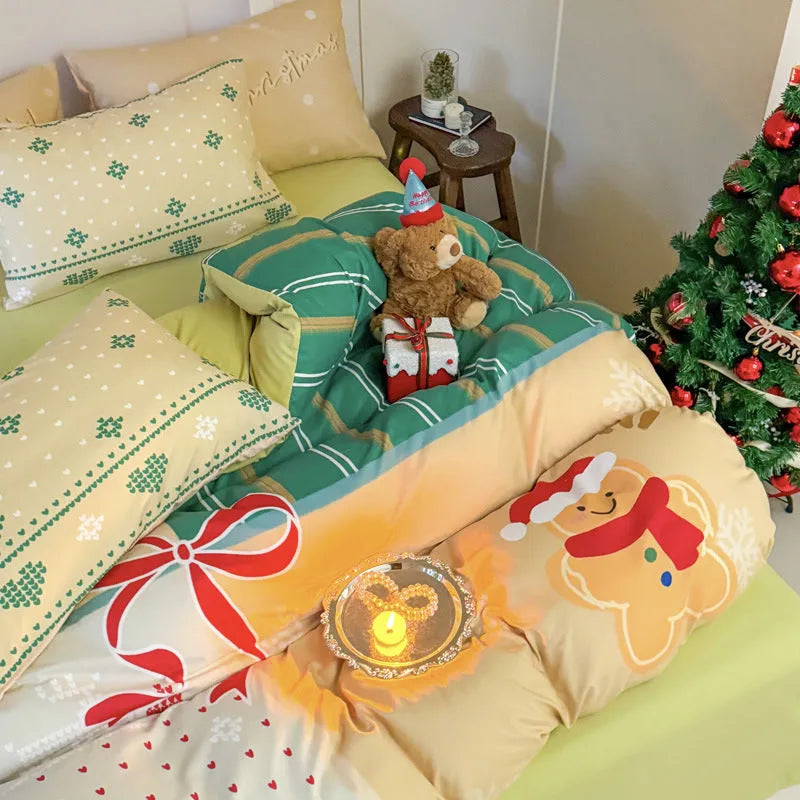 Super soft washed cotton Christmas bedding four-piece set with cartoon prints in multiple sizes