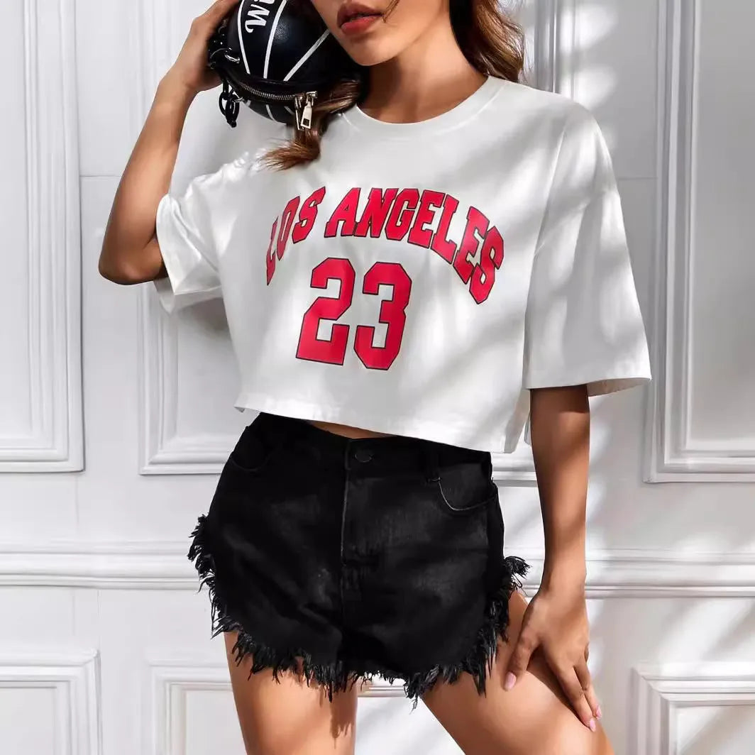 Loose cotton navel t-shirt with printed English letters in black or white, short sleeve Japanese casual summer top