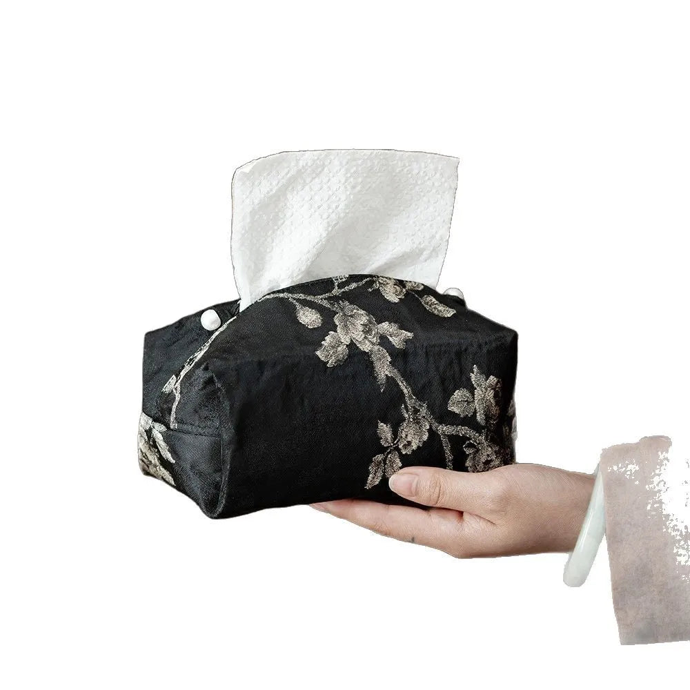 New Chinese style brocade tissue box cover with embroidered white plum design