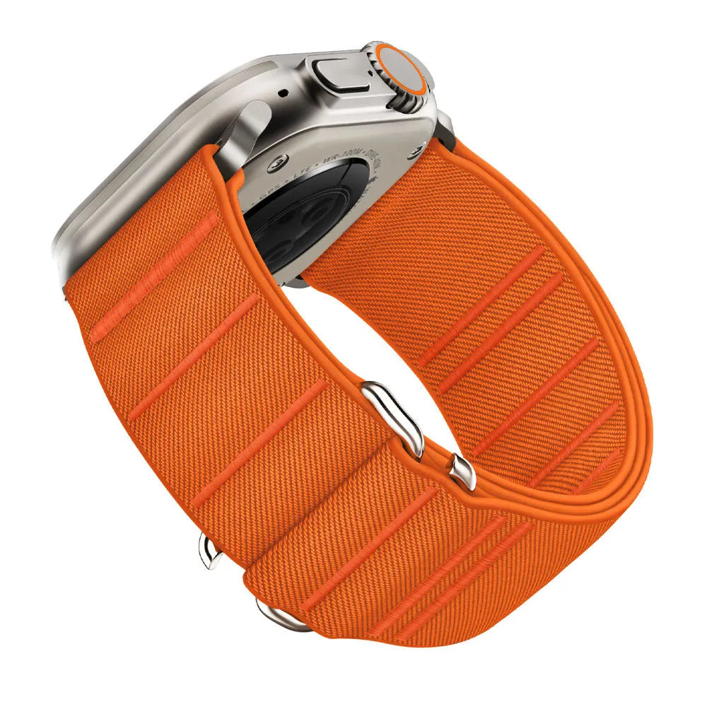 Elastic nylon watchband with stainless steel buckle for Apple Watch in multiple colour options.