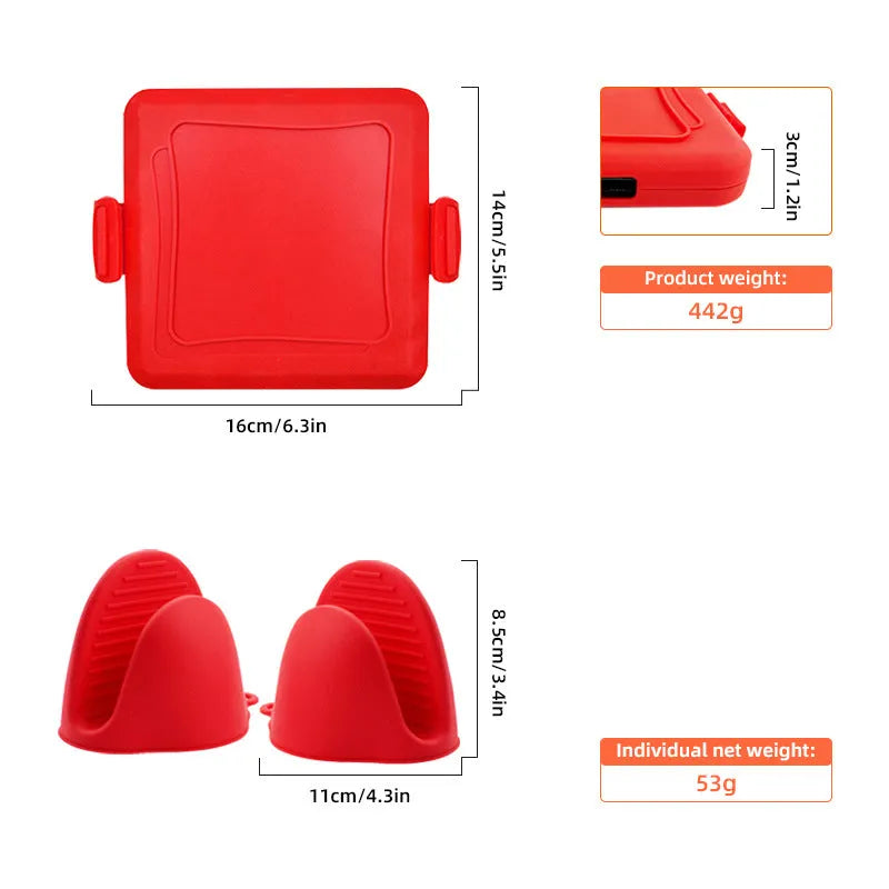 Red silicone baking tray with attached blue silicone gloves in a 3-in-1 anti-scald handbag design.