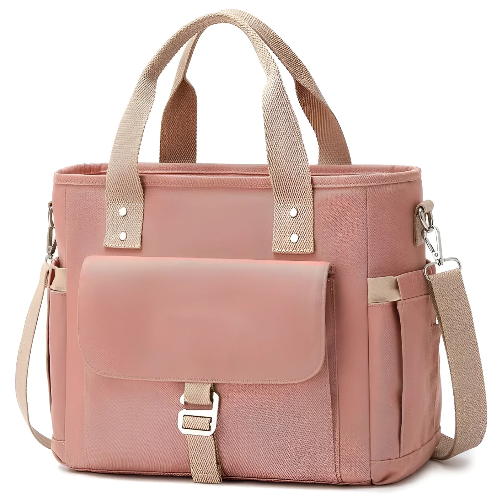 Portable cube-shaped thermal picnic bag with a removable shoulder strap and side pocket.