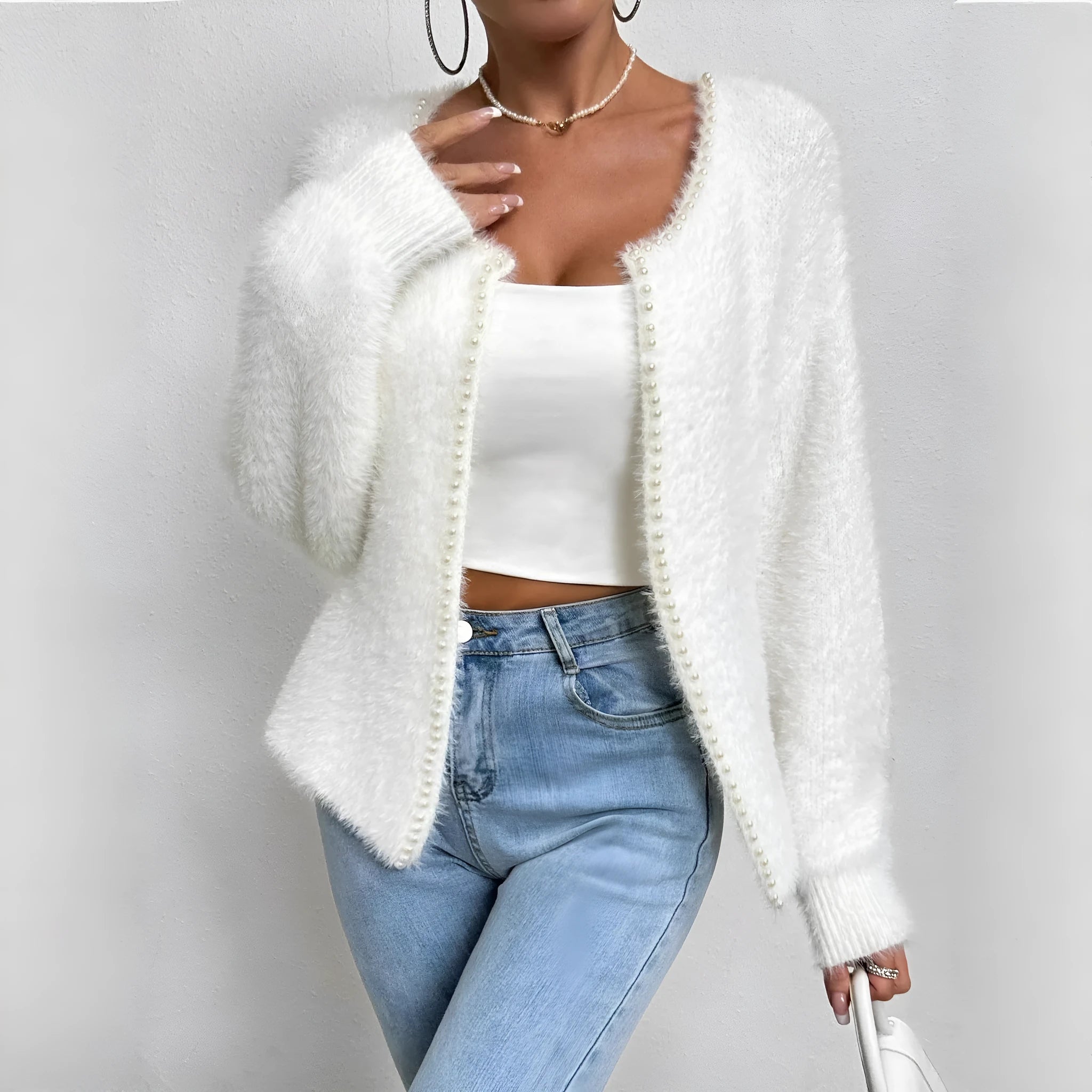 Women's white V-neck cardigan sweater with medium thickness and normal length