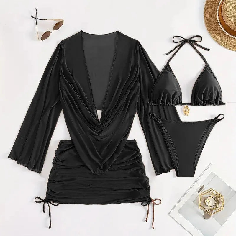 Women's black lace-up back bikini swimsuit laid flat, showing two-piece design and adjustable lacing.