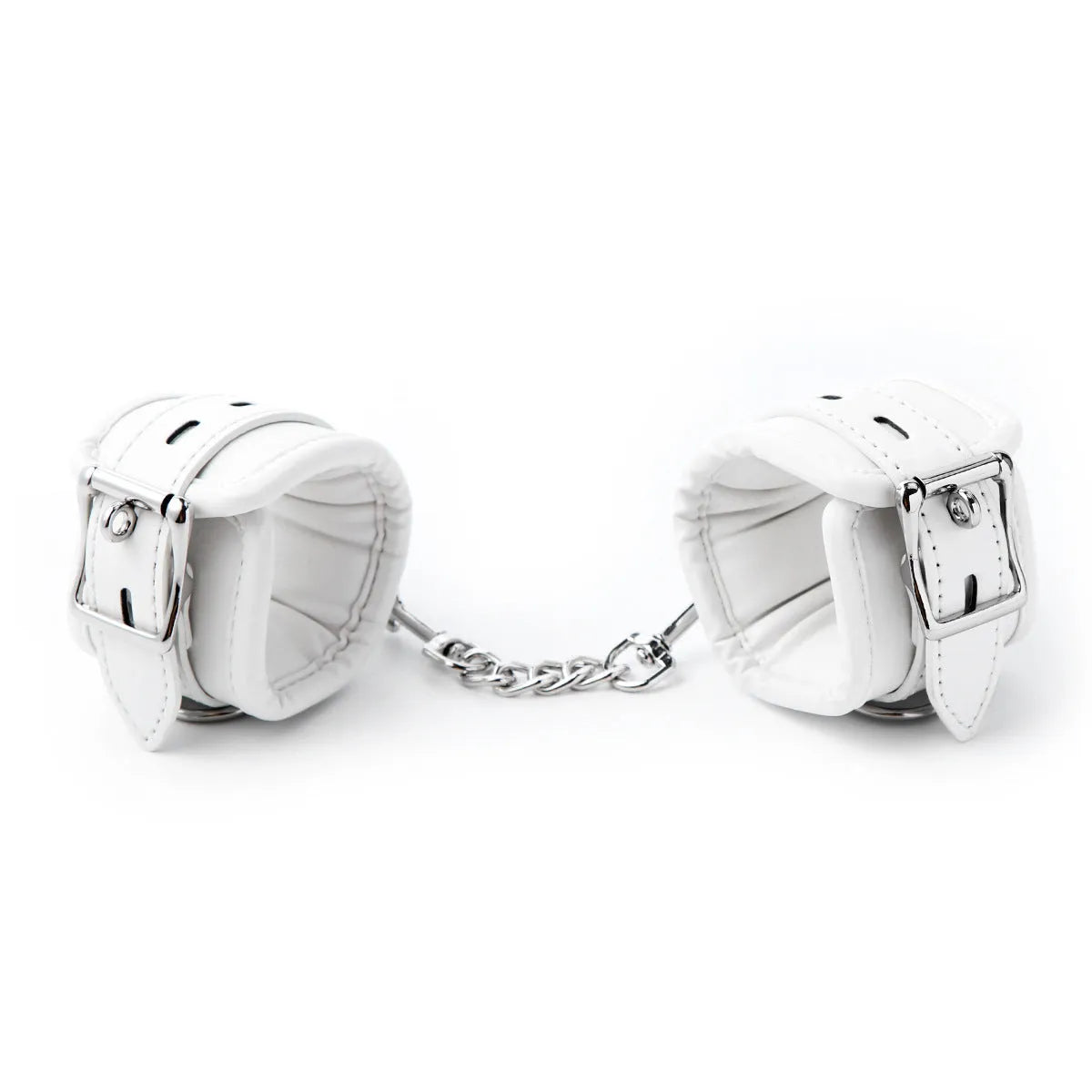 White PU sponge bondage restraint set showing handcuffs, foot cuffs and neck scarf for discipline play