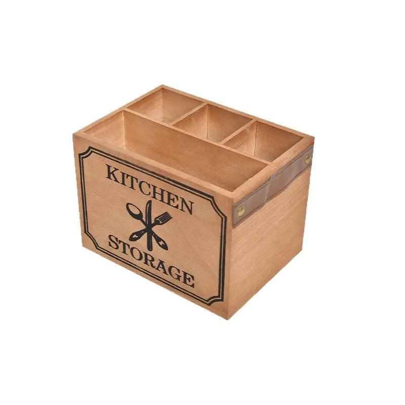 Wooden kitchen storage box with grid dividers for cutlery organisation