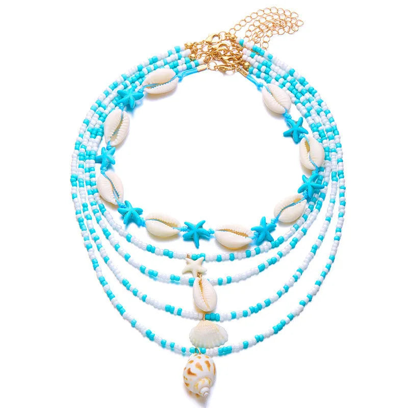 Blue and multicolour women's shell bead necklace set with five layered pieces
