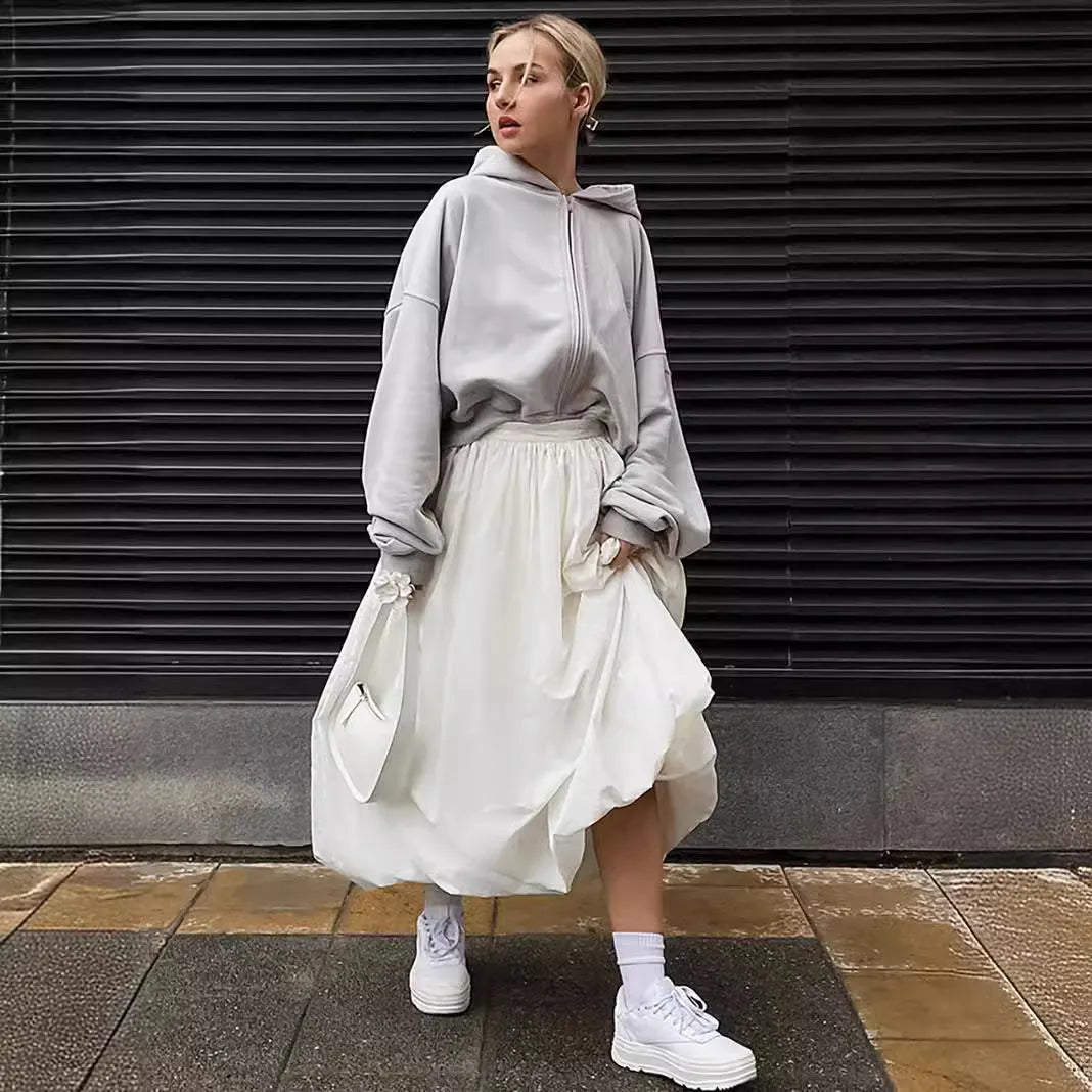 Women's cotton solid colour long skirt in black or white with inelastic construction