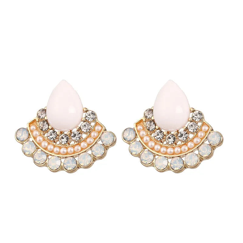 Retro sterling silver fan-shaped rhinestone earrings with geometric opal design for women