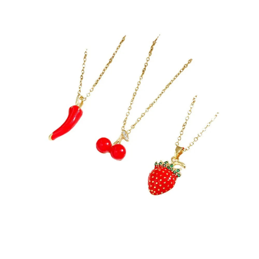 Titanium steel necklace with delicate cherry, strawberry, and pepper charms on O-ring chain
