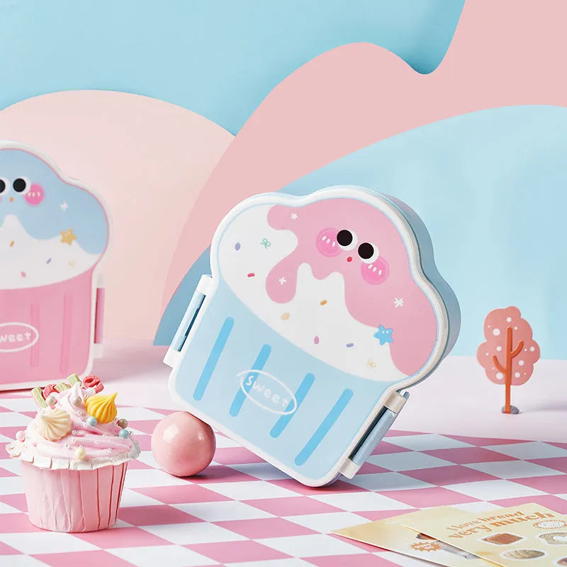 Creative ice cream shaped plastic lunch box with spoon and fork in blue or pink colour options