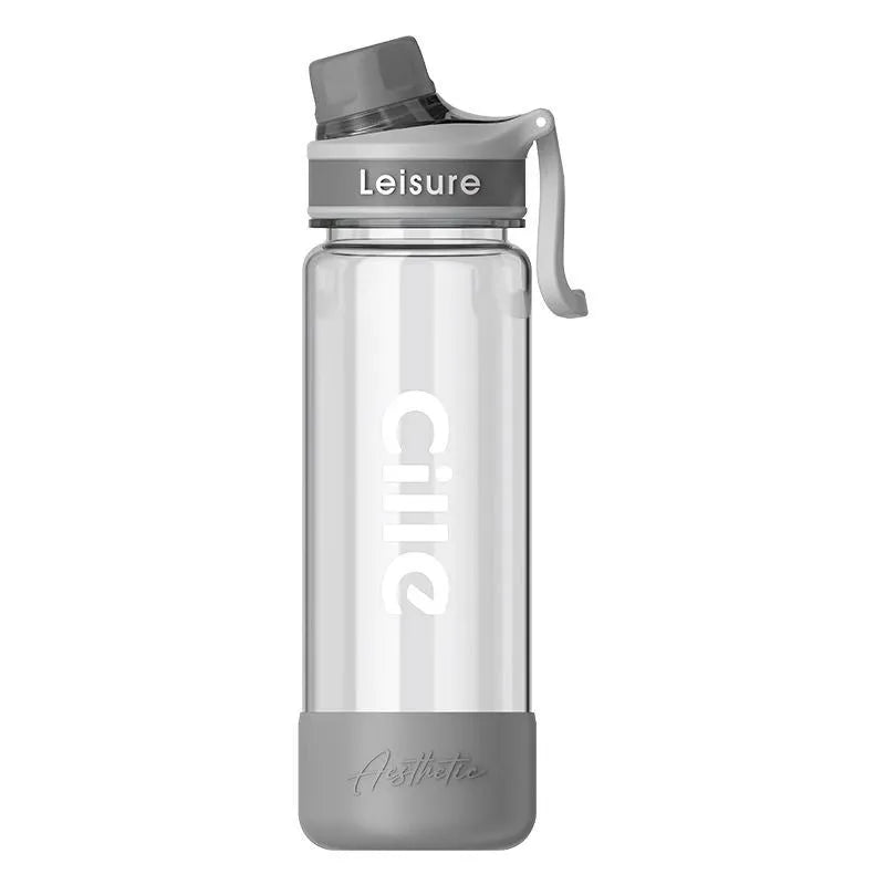 Grey plastic cup with cartoon pattern, heat-resistant and portable, 1000ml capacity.