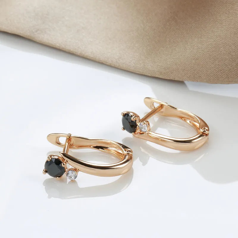 Black agate drop earrings with geometric retro design in gold-plated copper