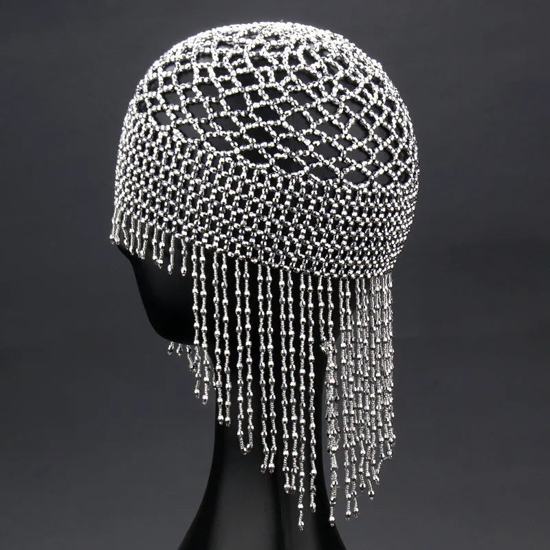 Belly dance hat with alloy tile and beaded tassels in black or silver finish