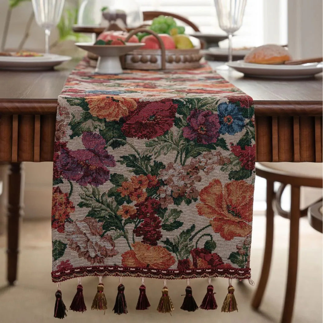 American-style jacquard table runner with long tassels, floral patterns, available in multiple colours and sizes