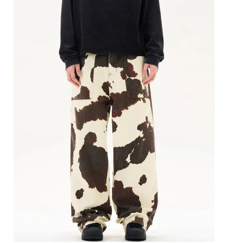 Men's straight-leg trousers with American retro cow pattern in 7698 cow colour showing cardigan button opening