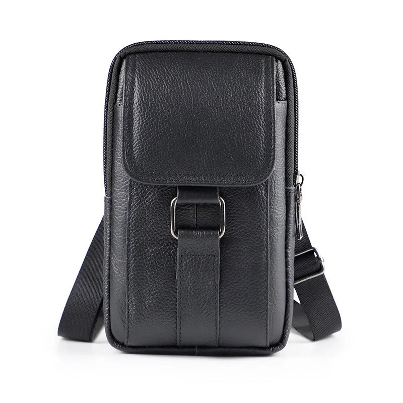 Men's genuine leather crossbody waist bag in black with lock detail and vertical square shape