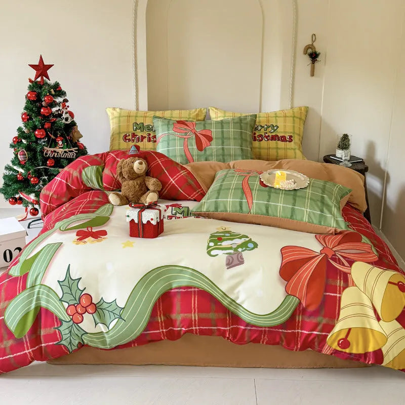Super soft washed cotton Christmas bedding four-piece set with cartoon prints in multiple sizes
